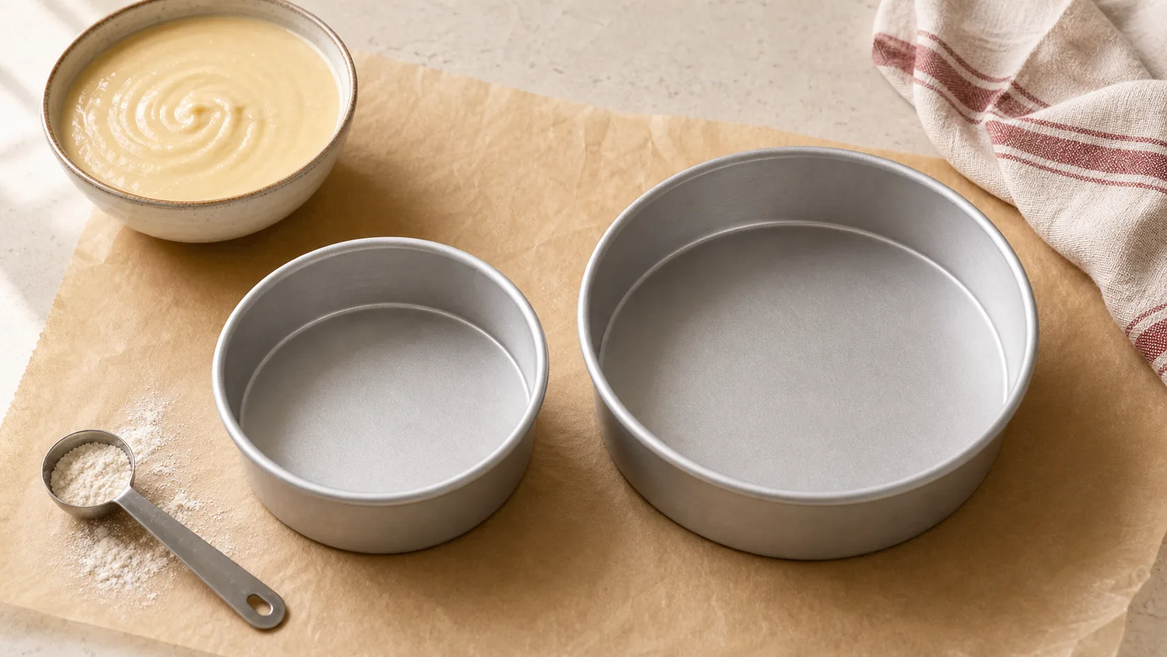 A 6-inch round cake pan beside a larger 8-inch round pan with a bowl of vanilla batter.