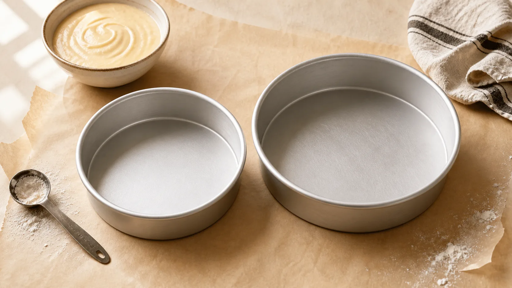 An 8-inch round cake pan beside a 9-inch round cake pan on a parchment-colored work surface.