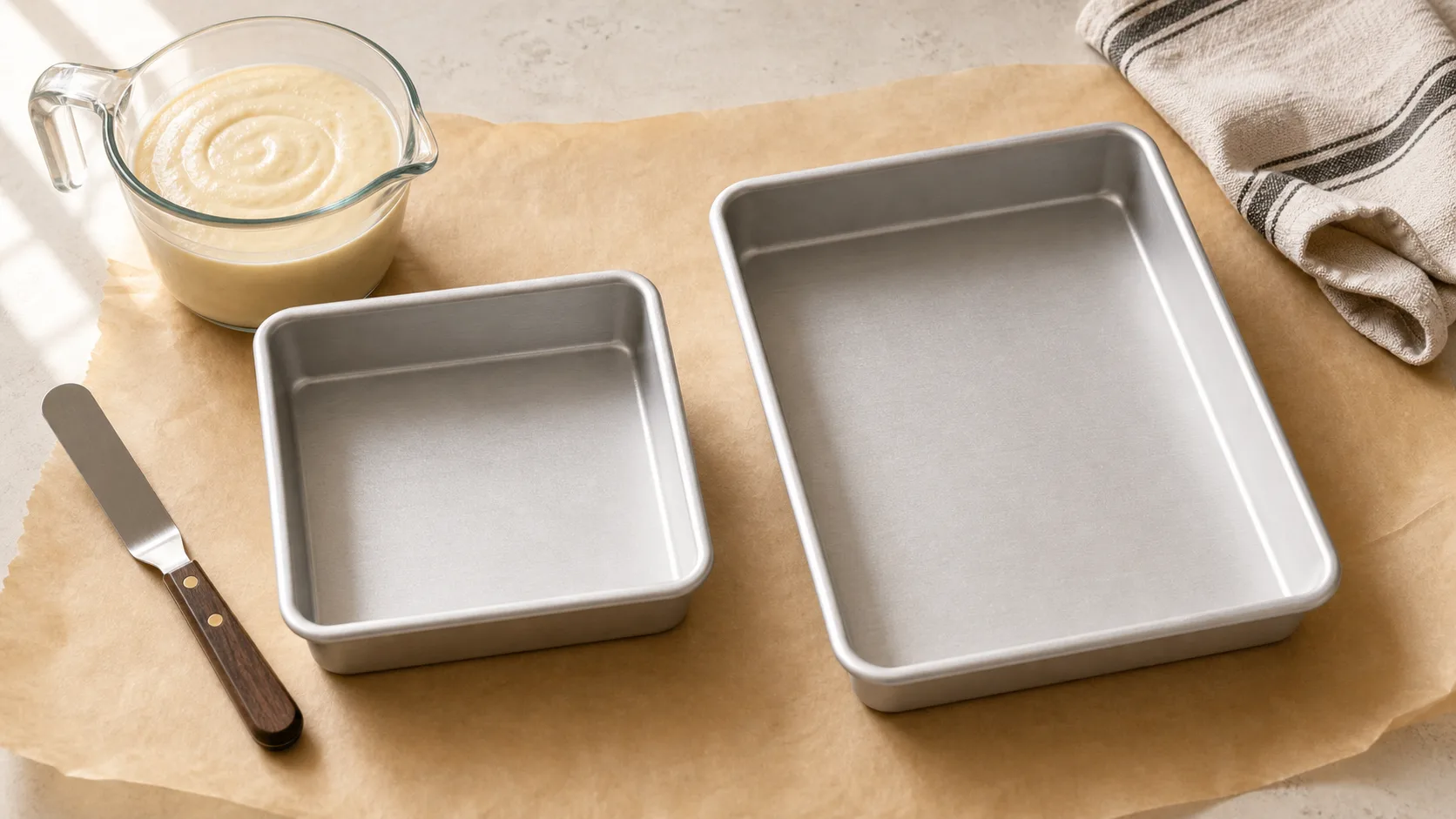 An 8 x 8 square baking pan beside a 9 x 13 rectangular pan with batter and a spatula.