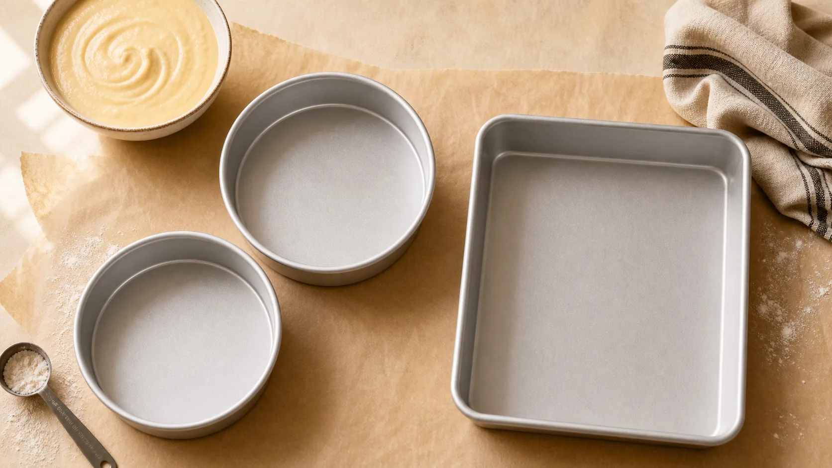 A 9 x 13 rectangular cake pan beside two round cake pans with a small bowl of batter.