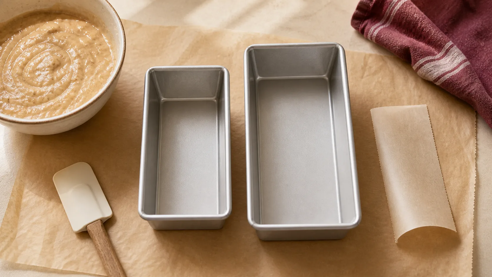 An 8 x 4 loaf pan beside a 9 x 5 loaf pan with quick bread batter nearby.