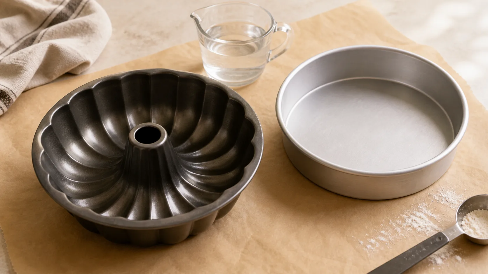 A fluted Bundt pan beside a plain round cake pan and a measuring cup on parchment.