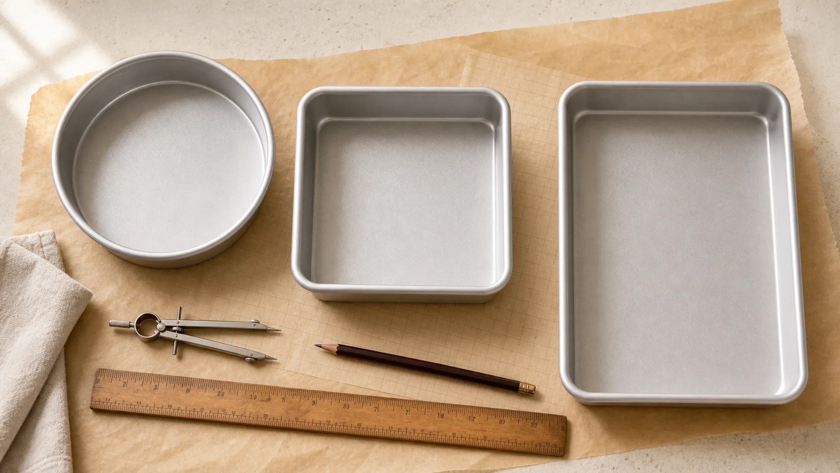 Round, square, and rectangular cake pans arranged with measuring tools on parchment.
