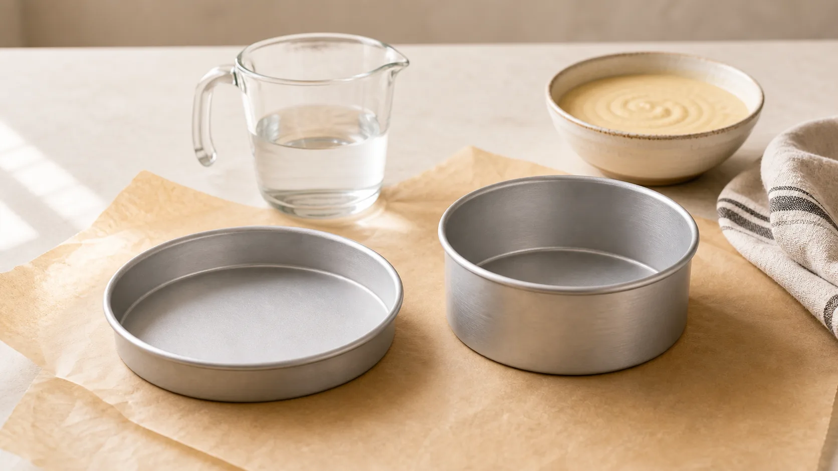 Two cake pans with different depths beside a measuring cup and batter bowl.