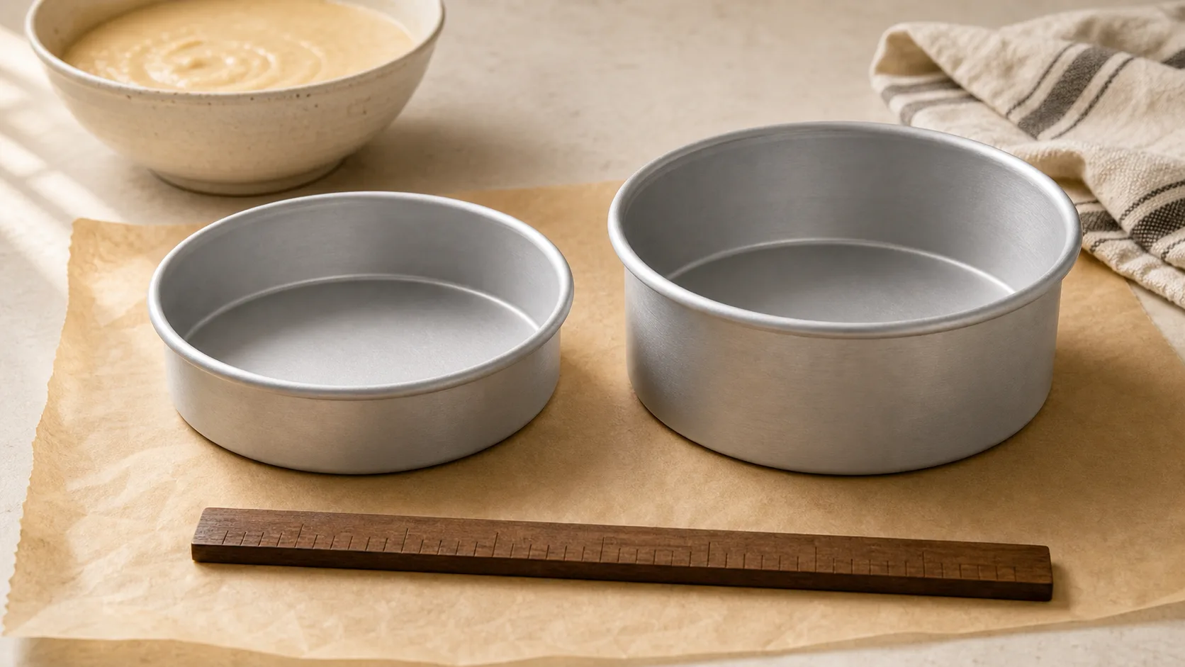 Two round cake pans of the same diameter but different depths beside a bowl of batter.
