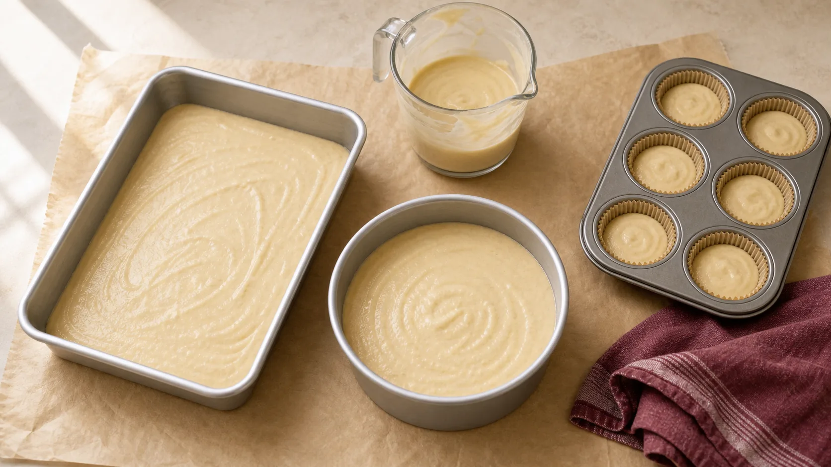 A 9-inch round pan beside a 9 x 13 pan, a cupcake tin, and a bowl of cake batter.