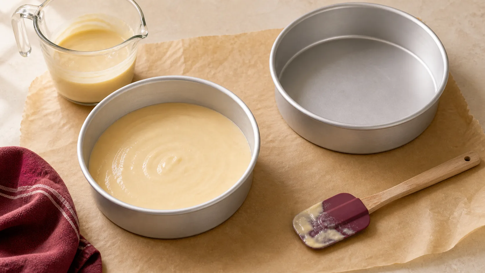 A round cake pan filled below the rim with pale batter and extra batter nearby.