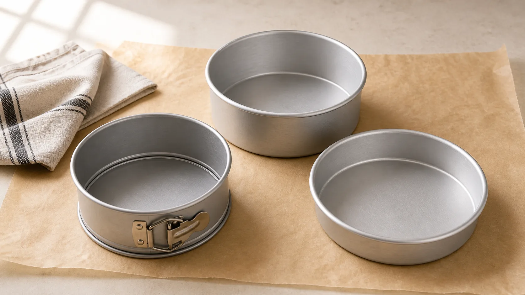 A springform pan with latch beside regular round pans of different depths.